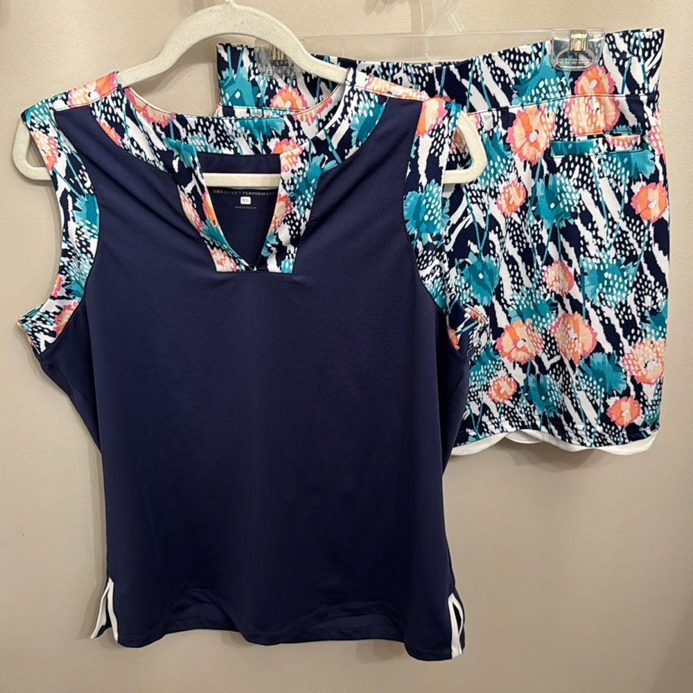 Pebble Beach 2 Pc. Golf Play XL Top Skort L Navy Floral Zebra Dry Luxe